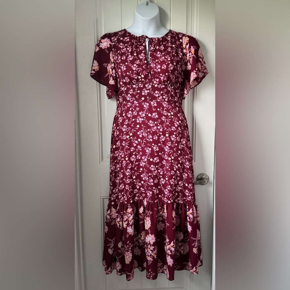 J. Crew Floral Midi Dress in Burgundy and Pink